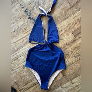 Salt Swimwear Womens Royal Blue Deep V Plunge Open Back Swimsuit, Size Small